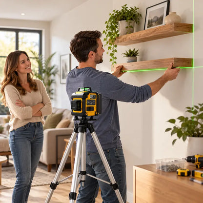 Homme installe étagères avec niveaux laser 360 sous regard femme