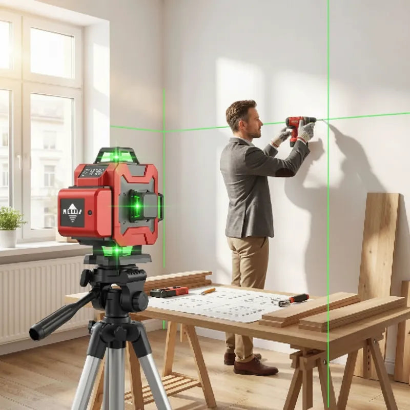 Homme installe étagères dans bureau avec niveau laser 360