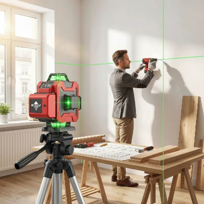 Homme installe étagères dans bureau avec niveau laser 360