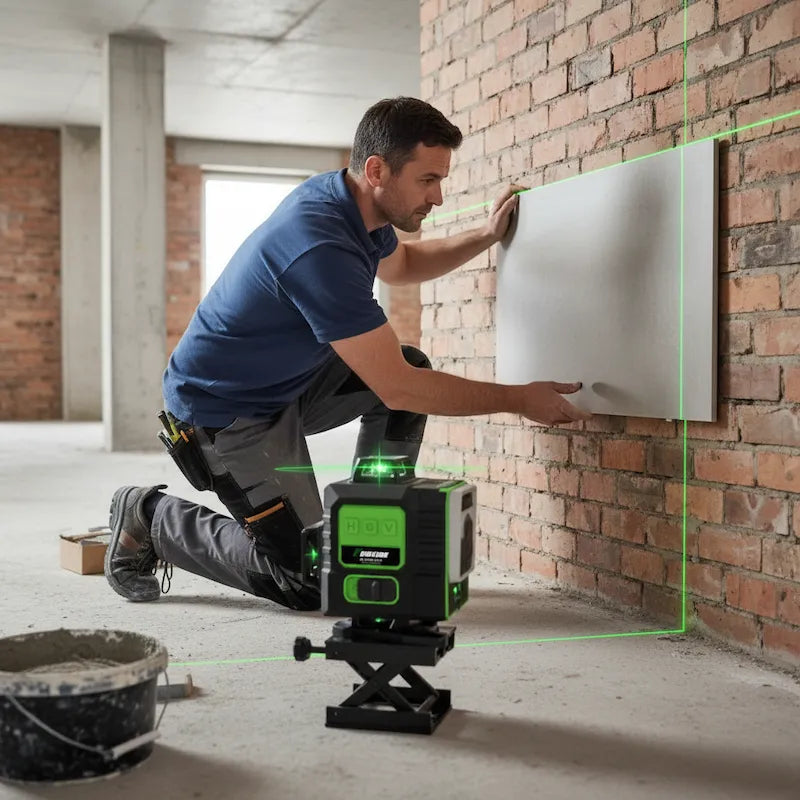Homme installe panneau avec nivel laser vert