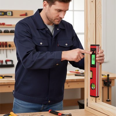 Homme mesure avec niveau à bulle électronique