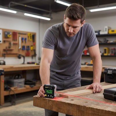 Homme mesure bois avec inclinomètre 