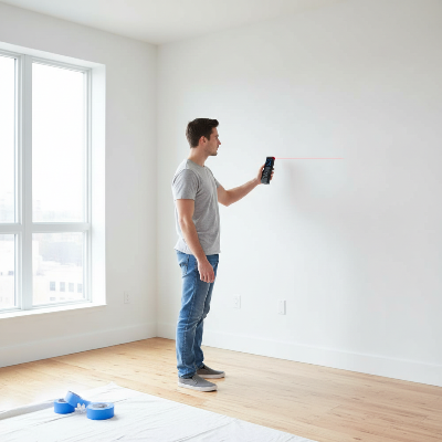 Homme mesure distance mur avec télémètre laser