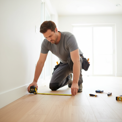 Homme mesure plancher avec metre ruban laser
