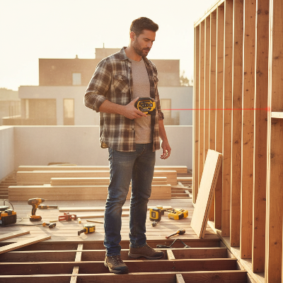 Homme mesure structure terrasse avec metre ruban laser