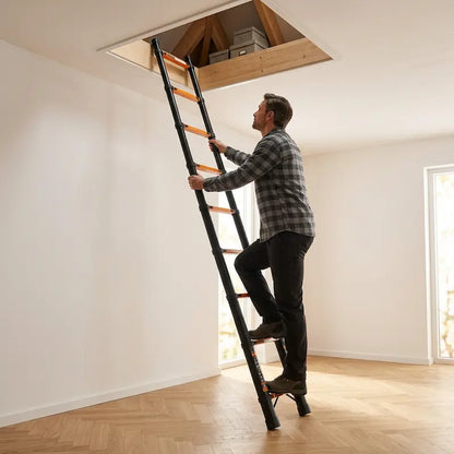 Homme montant vers son grenier avec echelle telescopique aluminium