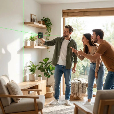 homme montre son nouveau niveau laser vert aux amis