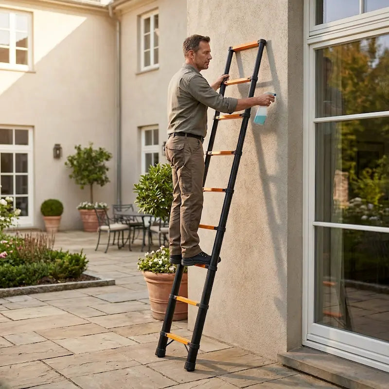 Homme nettoie fenêtres avec echelle telescopique aluminium
