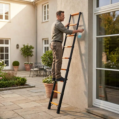 Homme nettoie fenêtres avec echelle telescopique aluminium