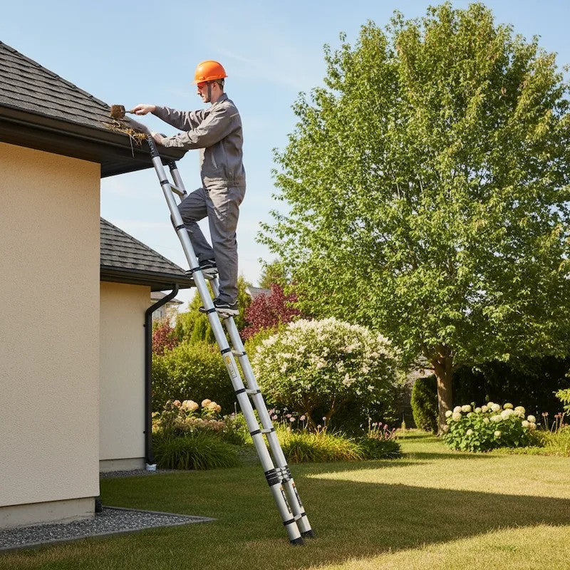 Homme nettoyage gouttière avec echelle telescopique