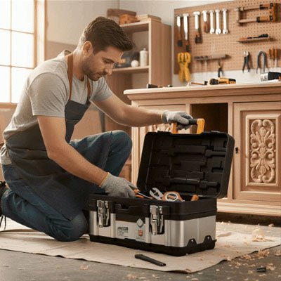 Homme organise boite a outils dans son atelier