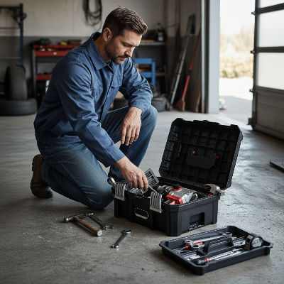 Homme organise caisse a outils dans garage