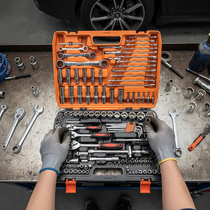 Homme organise outils dans coffret à douilles sur établi