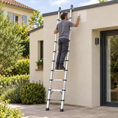 Homme peignant façade extérieure avec echelle telescopique