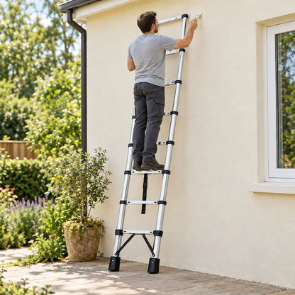 Homme peignant façade maison sur echelle telescopique aluminium