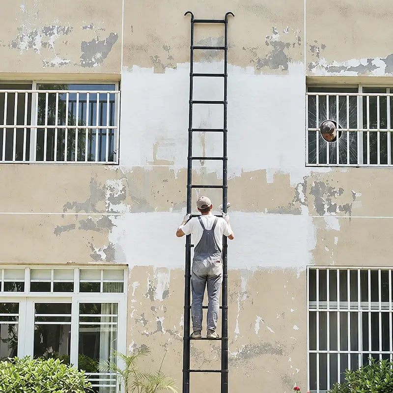 Homme peinture avec échelle télescopique contre façade