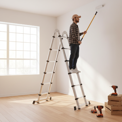 Homme peinture mur sur echelle telescopique