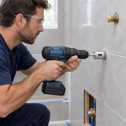 Homme perçant carrelage douche pour installer plomberie