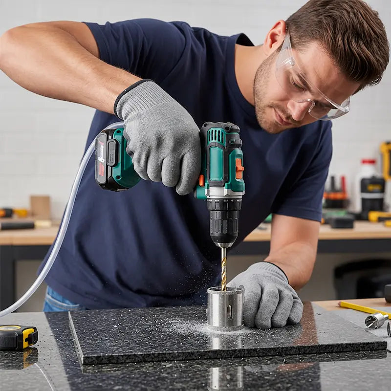 Homme perçant carrelage noire avec scie cloche diamant