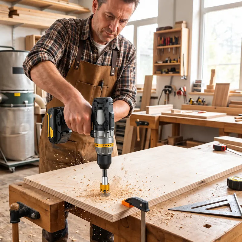 Homme perçant planche avec scie cloche pour acier dans atelier menuiserie