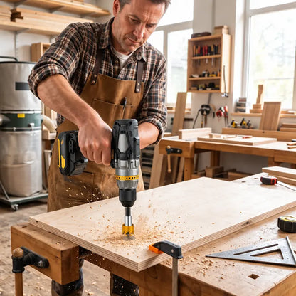 Homme perçant planche avec scie cloche pour acier dans atelier menuiserie