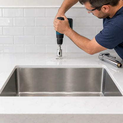 Homme perçant trou pour installer robinet avec scie cloche diamant