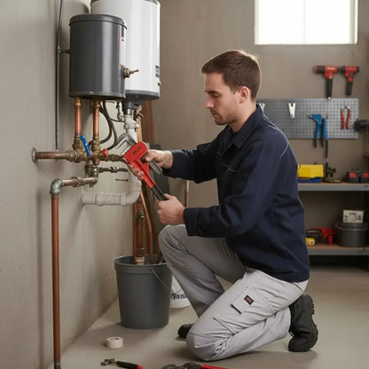 Homme plombier réparant système eau avec cle a griffe