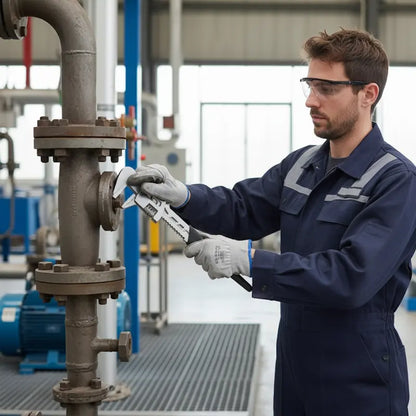 Homme plombier répare système industriel avec cle a griffe