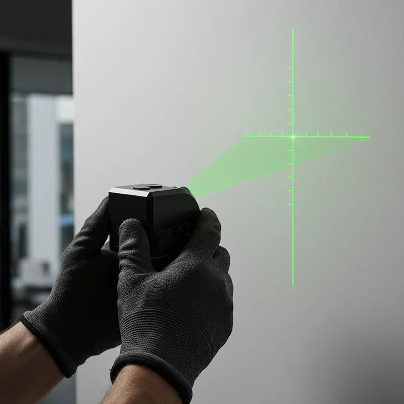 Homme pointe niveau laser en croix graduée sur mur
