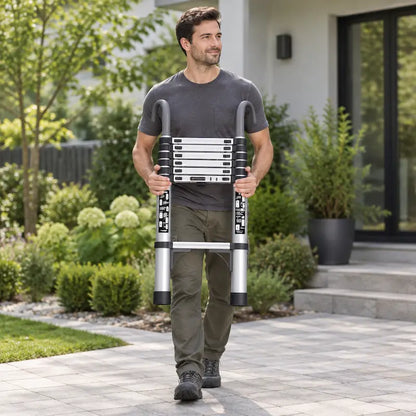 Homme portant echelle telescopique rétractée devant maison
