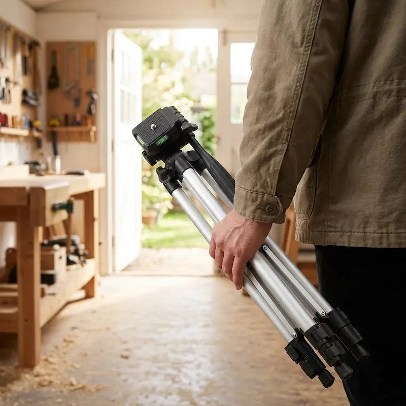 Homme porte trépied niveau laser replie dans atelier