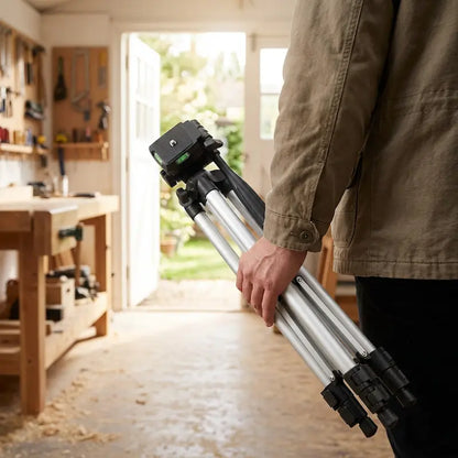 Homme porte trépied niveau laser replie dans atelier