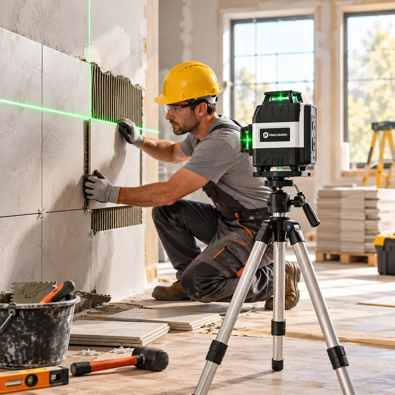 Homme pose carrelage avec aide niveau laser autonivelant