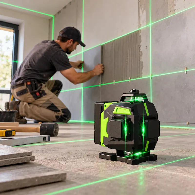 Homme pose carrelage avec niveau laser 360 vert sur chantier