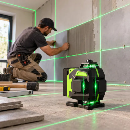 Homme pose carrelage avec niveau laser 360 vert sur chantier