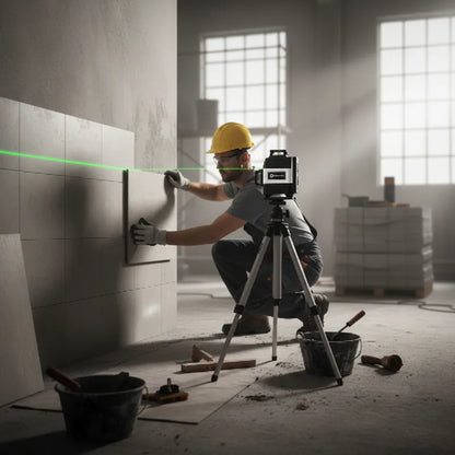 Homme pose carrelage avec niveau laser autonivelant