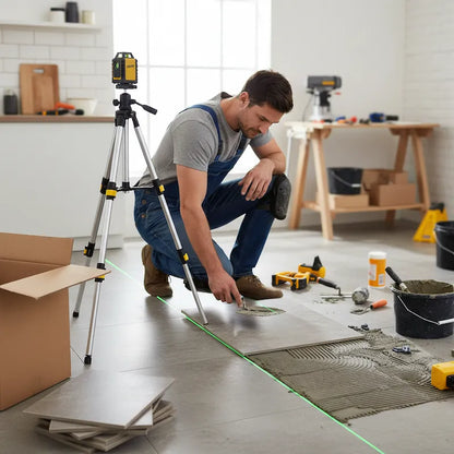 Homme pose carrelage avec trépied pour niveau laser