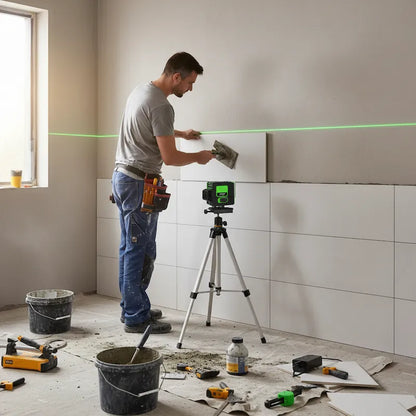 Homme pose carrelage cuisine avec nivel laser vert
