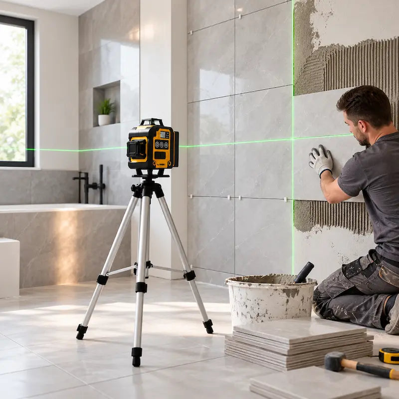 Homme pose carrelage salle bain avec niveaux laser 360