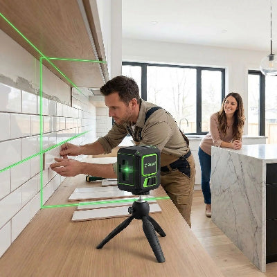 homme pose ceramique dosseret avec niveau laser vert