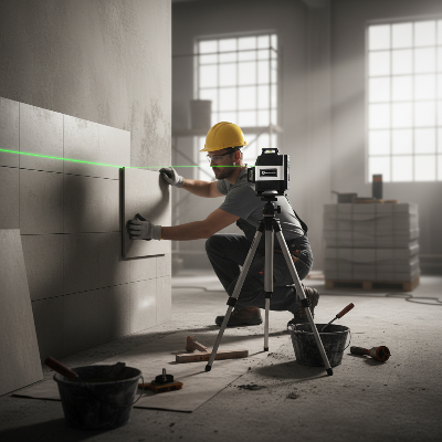 Homme pose céramique sur mur avec niveau laser autonivelant
