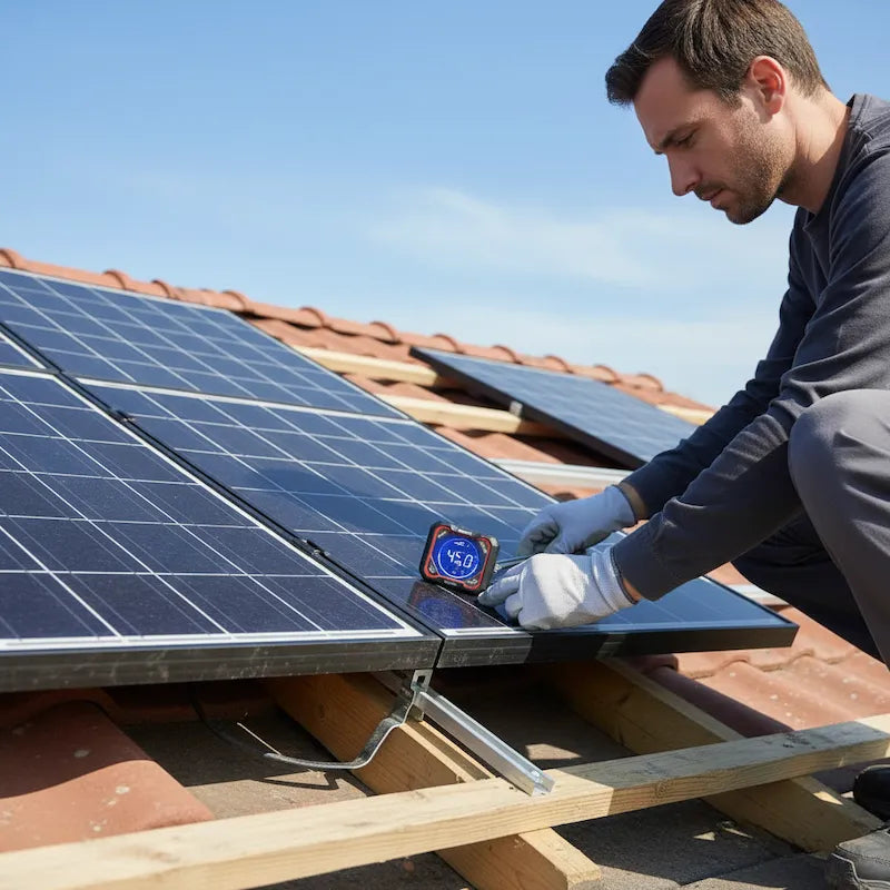 Homme pose panneaux solaires avec inclinomètre numérique