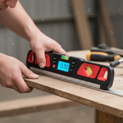 Homme prend mesure avec niveau à bulle électronique rouge