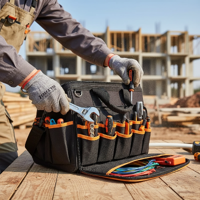 Homme prend outils dans sac a outils sur chantier