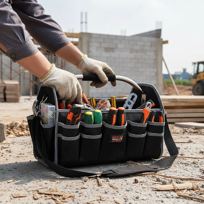 Homme prends outils dans sac a outils electricien sur chantier