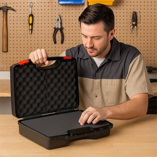 homme regarde sa nouvelle boite a outils