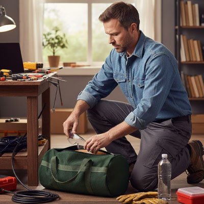 Homme rempli son sac a outils dans son atelier