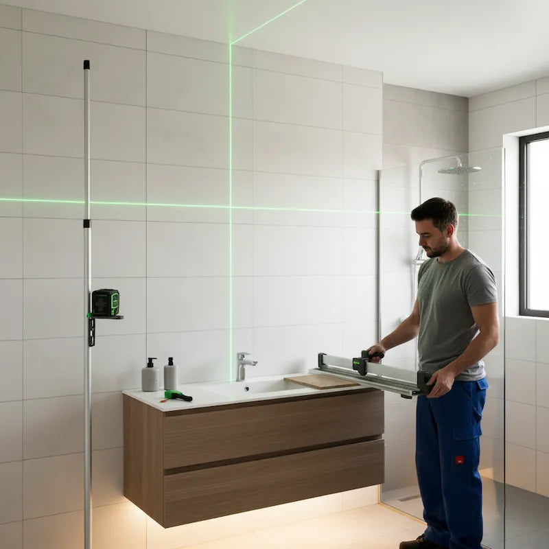 Homme rénovant une salle de bain avec niveau laser vert