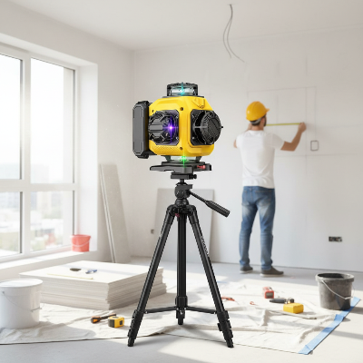 Homme rénove avec niveau laser trepied appartement lumineux