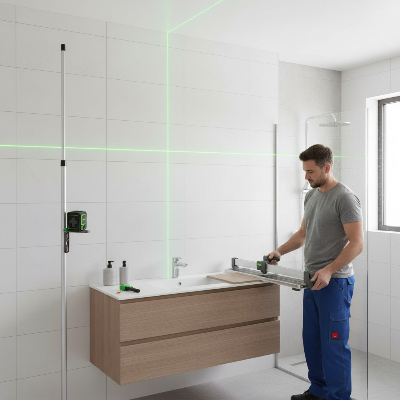 Homme rénove salle bain avec niveau laser vert
